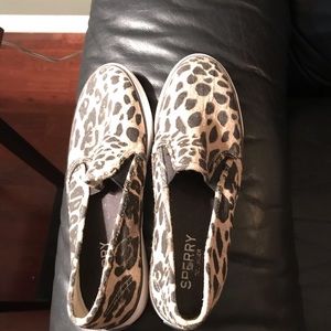Sperry Canvas leopard slip on sneakers
